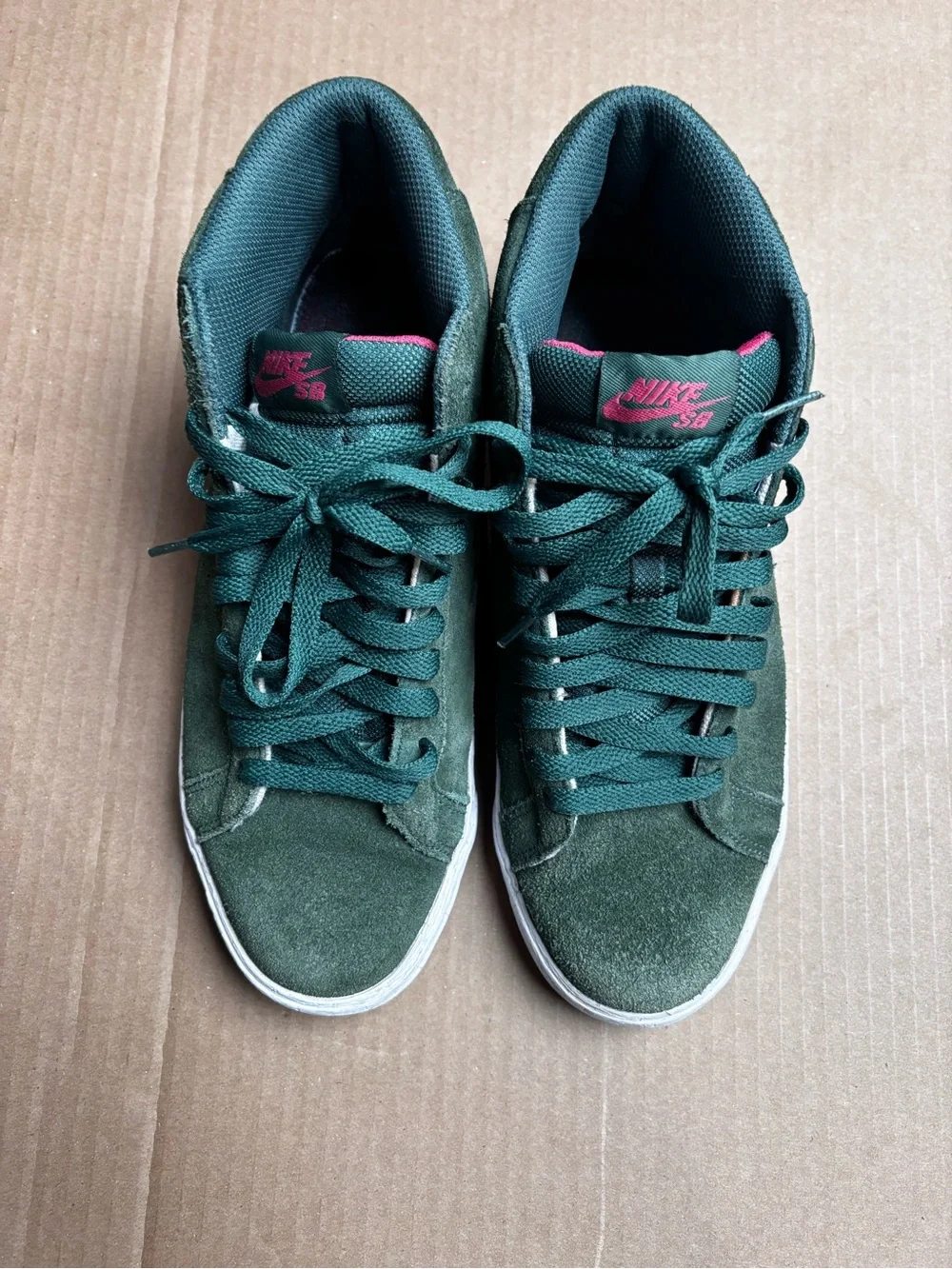 Nike Men's Green Suede Sneakers with Pink Logo Accents